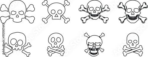 Skull Cross Bone Icon set Collection Group with Pirate Symbol, Danger Sign, Poison Emblem, Hazard , Gothic Tattoo Design, Halloween Graphic for Sticker Logo Print Poster Banner.