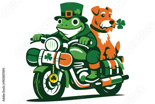 Cute cartoon frog wearing a leprechaun hat riding a green motorcycle with a cheerful dog holding shamrocks and smiling happily