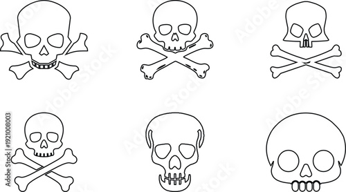 Skull Cross Bone Icon set Collection Group with Pirate Symbol, Danger Sign, Poison Emblem, Hazard , Gothic Tattoo Design, Halloween Graphic for Sticker Logo Print Poster Banner.