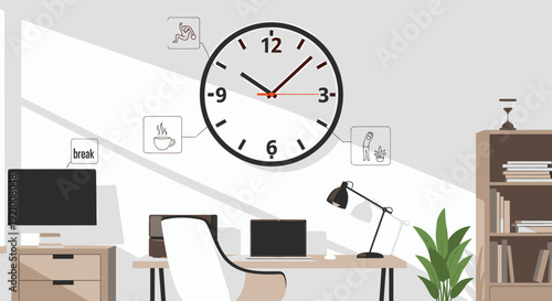 Modern Office Desk with Clock and Computer.