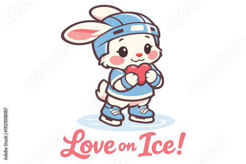 Cute cartoon rabbit character wearing ice skates and helmet holding a heart for love on ice theme illustration