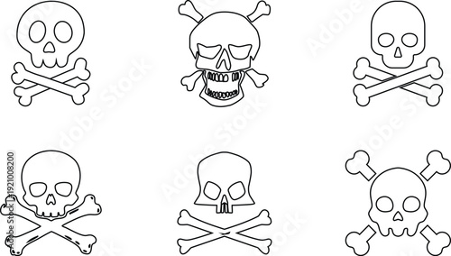 Skull Cross Bone Icon set Collection Group with Pirate Symbol, Danger Sign, Poison Emblem, Hazard , Gothic Tattoo Design, Halloween Graphic for Sticker Logo Print Poster Banner.