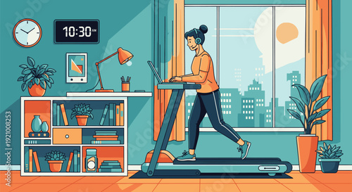 Woman Running on Treadmill at Home Office.