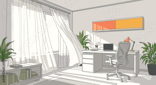 Modern Office Workspace with Desk and Chair.