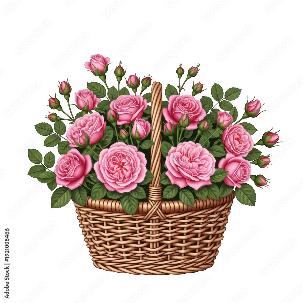 Obraz premium A basket filled with vibrant pink roses and lush green leaves isolated on transparent background