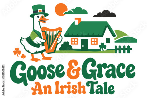 Cute whimsical illustration of a goose playing a harp with irish theme and traditional attire for celebration events
