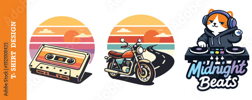Vibrant retro tshirt design collection featuring cassette tape sunset and motorcycle illustration with cute cat dj artwork