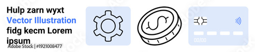 Gear, coin, and payment card icons visualize technology, adaptation, and digital transactions. Ideal for finance, economy, innovation, fintech e-commerce technology simple landing page