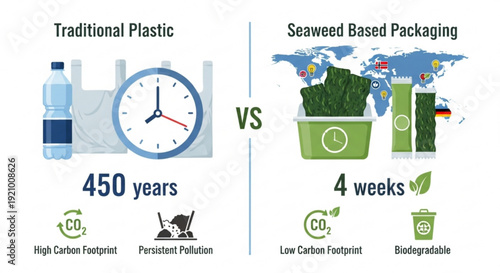 Eco friendly seaweed packaging vs traditional plastic sustainable biodegradable materials comparison
