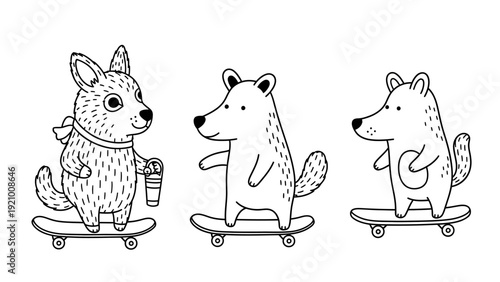 Cartoon Wolves Riding Skateboards Illustration.