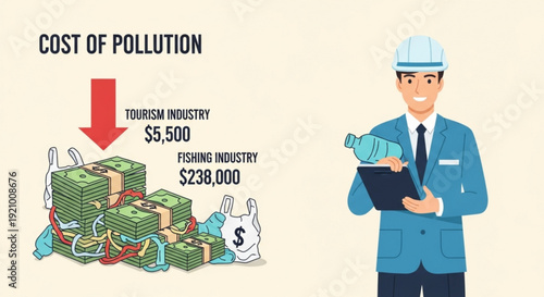 Businessman analyzing cost of pollution impact on tourism and fishing industries with infographic