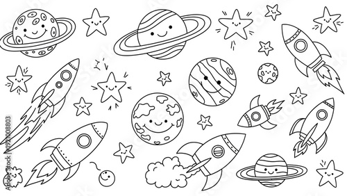 Coloring Page Space Rockets Planets Stars.