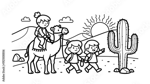 Children Riding Camel Desert.
