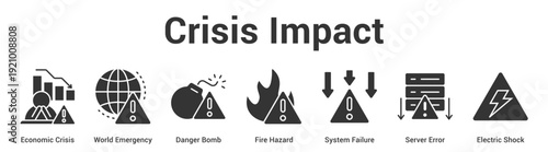 Crisis Impact web banner icon set vector illustration concept for business with icon of Economic Crisis, World Emergency, Danger Bomb, Fire Hazard, System Failure, Server Err.