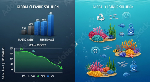 Infographic showing global cleanup solution for ocean pollution with before and after coral reef ecosystems