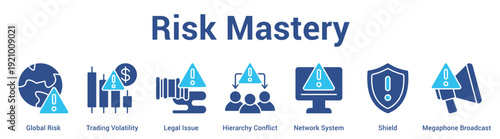 Risk Mastery web banner icon set vector illustration concept for business with icon of Global Risk, Trading Volatility, Legal Issue, Hierarchy Conflict, Network System, Shie.