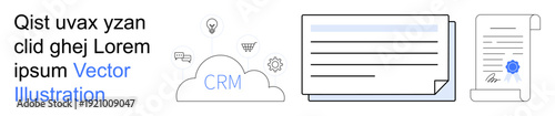 Business management, CRM, data storage, document processing, certification, teamwork. Cloud-based CRM icon, document and certificate symbol with signature. Business management and data storage