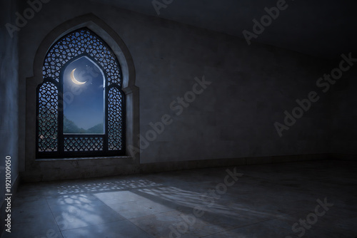 The Serene Crescent: Moonlight through an Arched Mashrabiya Window
