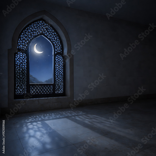 The Serene Crescent: Moonlight through an Arched Mashrabiya Window