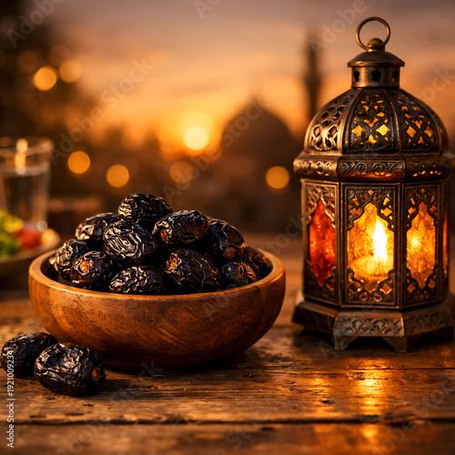 Serene Ramadan Sunset: Dates and Traditional Lantern