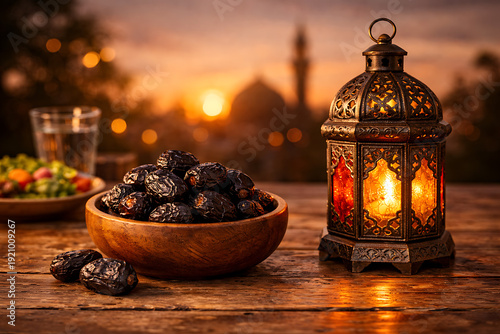 Serene Ramadan Sunset: Dates and Traditional Lantern