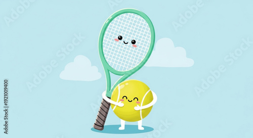 Smiling cartoon tennis ball and racket in light blue background with clouds playful sports concept