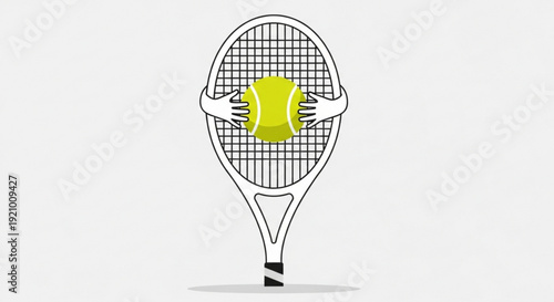 Tennis racket with yellow ball in center black and white lines sports equipment tennis gear racket and ball combination