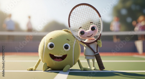 Smiling cartoon tennis ball and player on court with racket sunny day fun