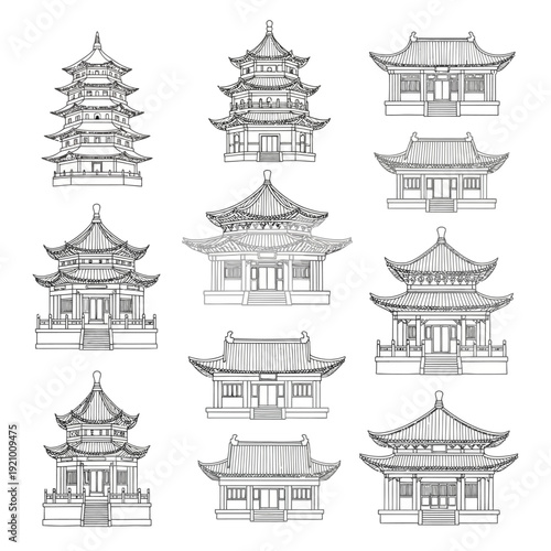 Hand Drawn Chinese Pagoda and Temple Sketch Illustration Collection