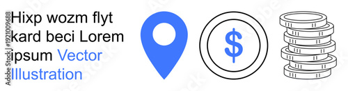 Finance, economy, location services, business operations, saving, online transactions. Blue location pin, dollar sign in a circle and coin stack in grayscale. Economy and business operations concept