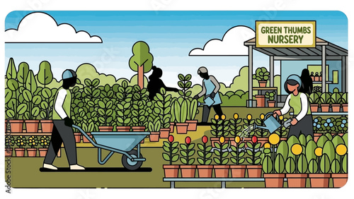 Green Thumbs Nursery Gardeners Working with Plants and Wheelbarrow.