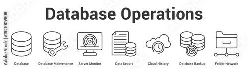 Database Operations web banner icon set vector illustration concept for business with icon of Database, Database Maintenance, Server Monitor, Data Report, Cloud History, Database Back.