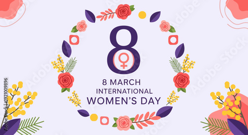 8 March International Women’s Day Celebration with Floral Wreath and Female Symbol