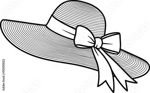 Wide brimmed sun hat with bow black and white vector on white background.