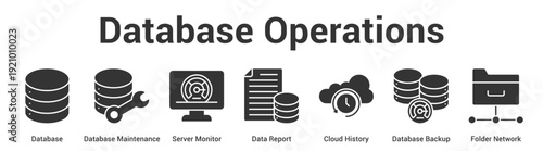 Database Operations web banner icon set vector illustration concept for business with icon of Database, Database Maintenance, Server Monitor, Data Report, Cloud History, Database Back.