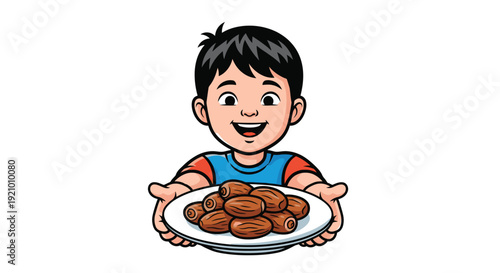 Boy Holding Plate of Sausages.