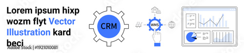 CRM gear, workflow automation gear, digital link connection, graphs, and charts depict management systems. Ideal for business process, workflow, CRM, automation reporting marketing simple landing
