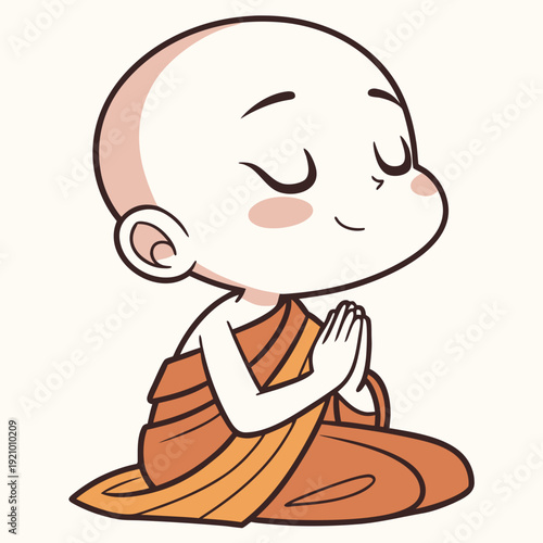 A minimalist, cartoon-style illustration of a young Buddhist novice monk.