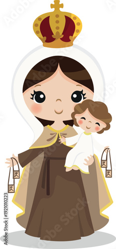 Illustration of the virgin of carmen our lady, virgin mary, for children, pretty