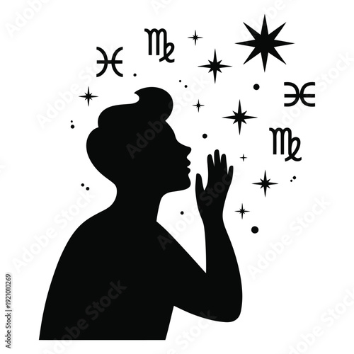 Mystical silhouette of person blowing magic stars and zodiac astrological symbols including virgo and pisces in air fantasy cosmic energy dream interpretation conceptual illustration