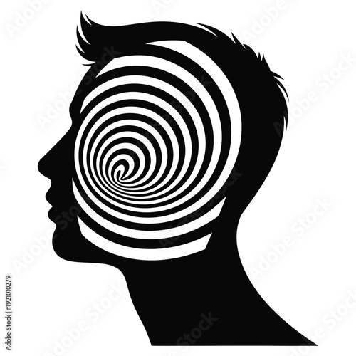 Profile silhouette of human head containing hypnotic swirling spiral pattern inside representing suggestion influence or mental control concept in mind