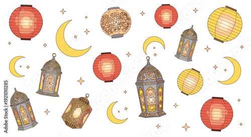 Lanterns and Crescent Moons in Pattern.