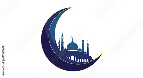 Islamic Mosque Silhouette on Crescent Moon.