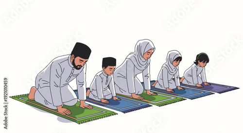 Muslim men and boys praying together.