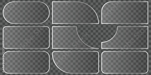 Modern glassmorphism bento grid UI elements featuring transparent rounded rectangles and oval shapes, sleek frosted glass effect for mobile apps, web interfaces, and UX design vector set