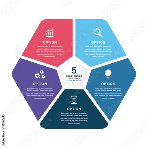Bild auf Leinwand Pentagon business infographic template with five colorful segments and icons for