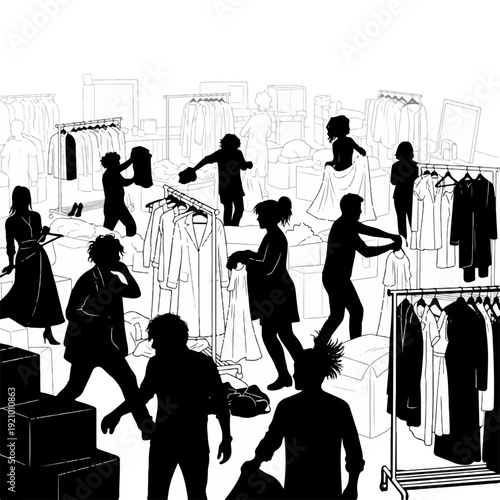 Backstage Chaos Scene Silhouettes with Stylists, Clothing Racks and Hanging Garments, Minimal Line Vector Illustration