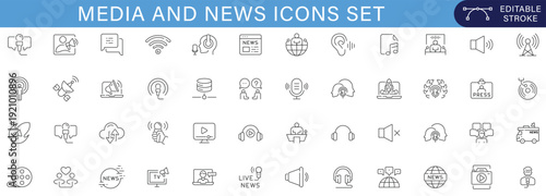 Media and news icon set covering broadcasting, journalism, live streaming, communication, reporting, podcasting, and digital information platforms.