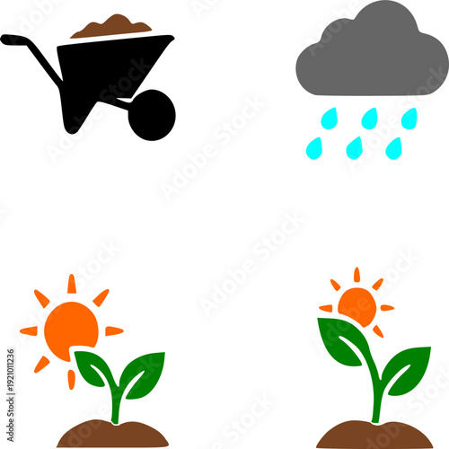 Gardening and farming tool icon set, planting activity symbols with wheelbarrow, gloves, and sprout vector illustrations.