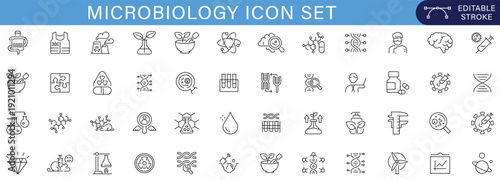 Minimal microbiology icon set featuring bacteria, virus, DNA, laboratory research, medical science, healthcare diagnostics, and infectious disease concepts with editable stroke style.